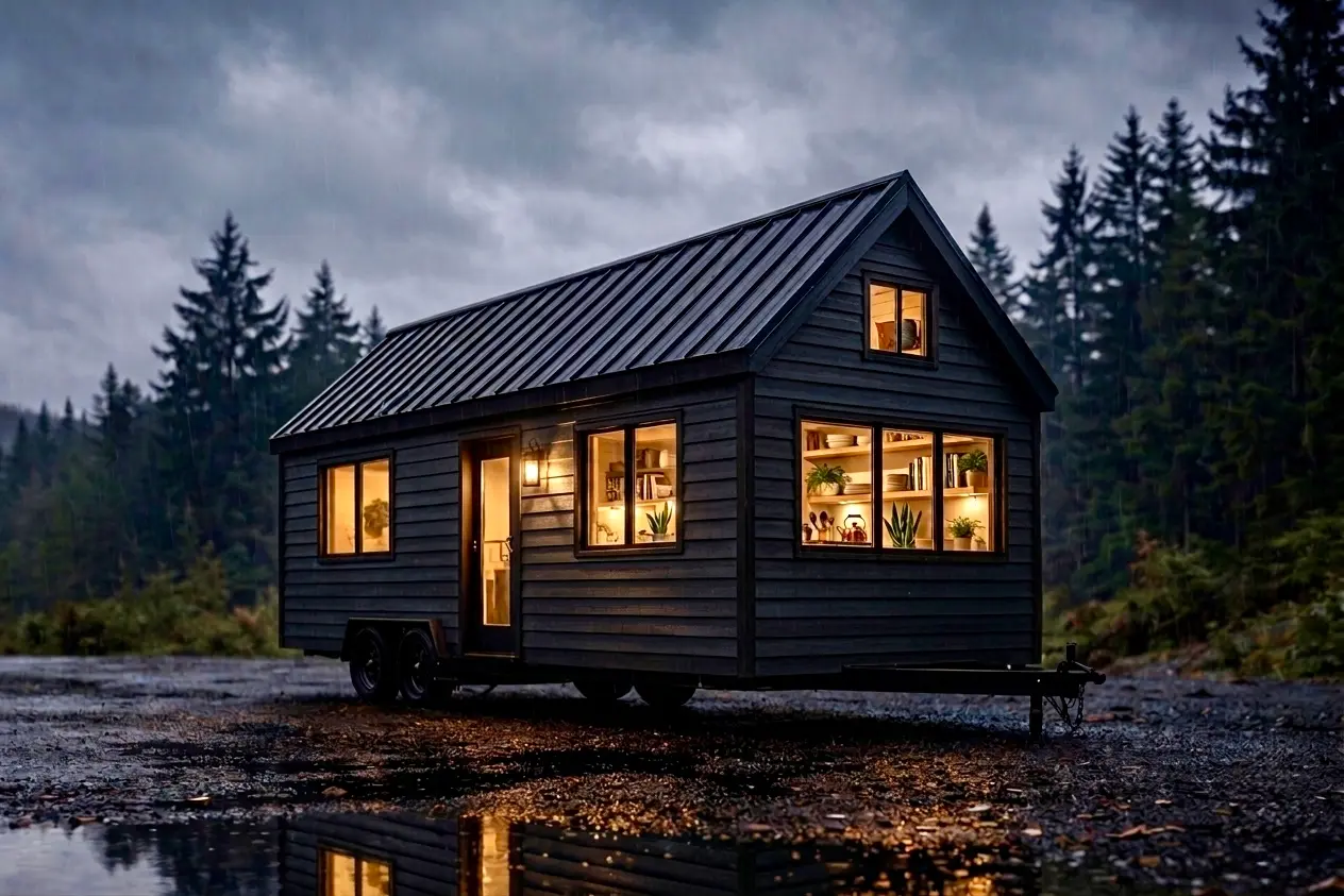 Contemporary tiny home on wheels with desert landscape backdrop